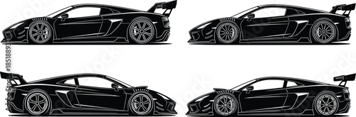 Sports car silhouette collection showcasing sleek supercar side views, racing vehicle design, high performance automotive styling, and luxury speed concept isolated on white background