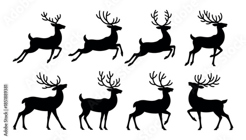 Eight black silhouette reindeer with large antlers in various running and standing poses on a white background