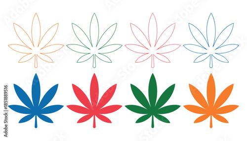 Eight stylized leaves in outline and solid fill in orange green red and blue leaf outline solid leaf