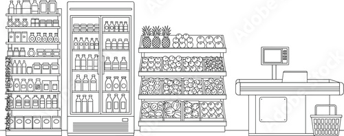 Supermarket Interior Outline Vector Illustration with Shelves, Refrigerator, Produce Display, and Checkout Counter, Grocery Shopping Line Art Design.