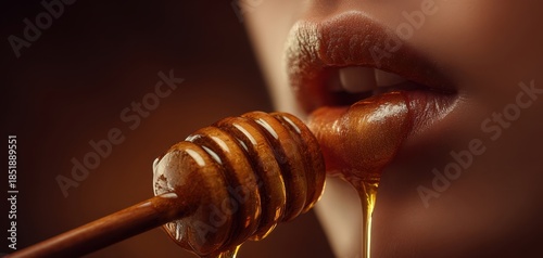 The Honey Dipper Dripping Golden Honey onto Sensual Lips in Close-Up Shot