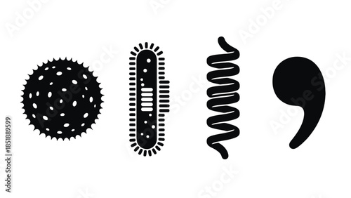 Black icons of bacteria and microorganisms