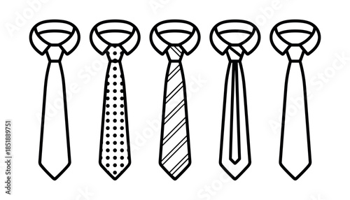 Five black and white line neckties with different patterns on a white background fashion accessory clothing