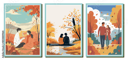 romantic couple in autumn park set. Lovers walking, sitting, and enjoying fall foliage with orange trees and falling leaves. Minimalist flat vector for seasonal designs
