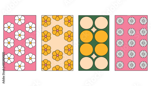Four distinct panels featuring retro floral and circular patterns in pink peach green and yellow retro pattern