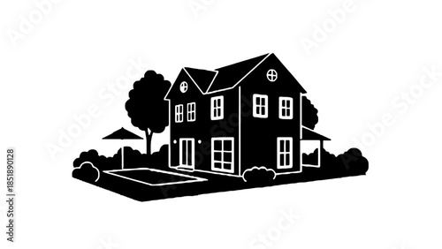 Modern suburban home with lush yard and trees