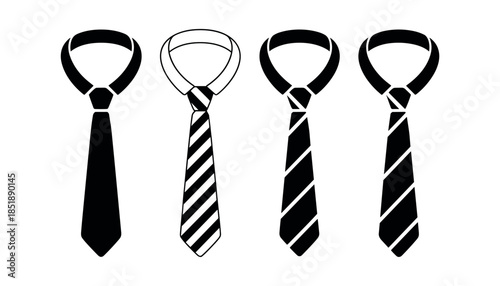 Four neckties in different patterns on white background black striped
