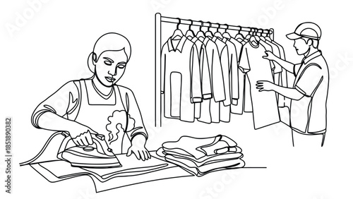 Laundry workers ironing and organizing clothes