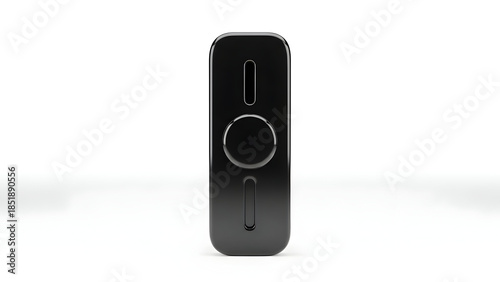 Sleek minimalist black electronic device with a prominent central circular button, designed for modern control and user interaction, presented on a bright, reflective white background
