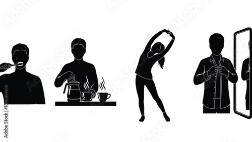 People engaging in daily morning routines and activities