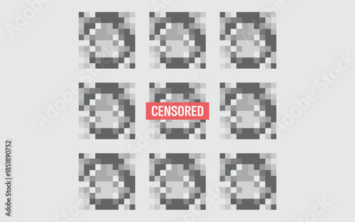 Abstract pixelated mosaic background featuring a red censored sign text overlay on a blurred gray grid pattern for privacy, sensitive content, and security concept.