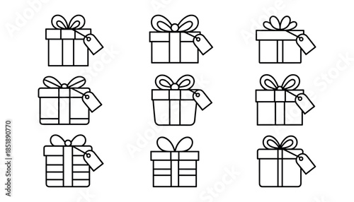 Nine black line gift boxes with bows and tags on white background present package