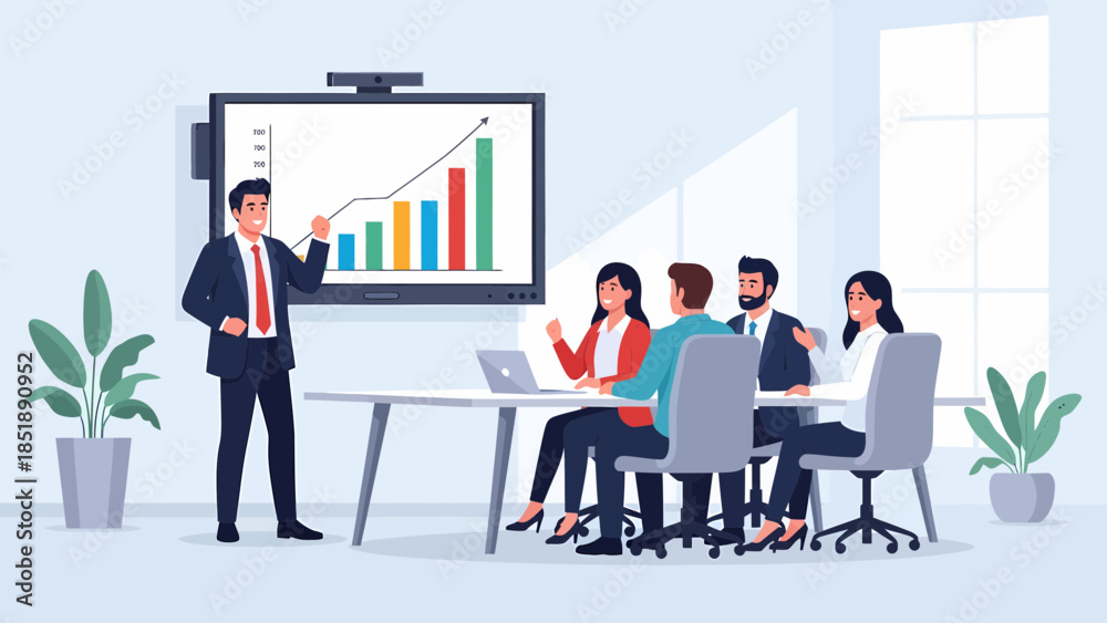 Fototapeta premium Businessman presenting graph to colleagues in meeting.