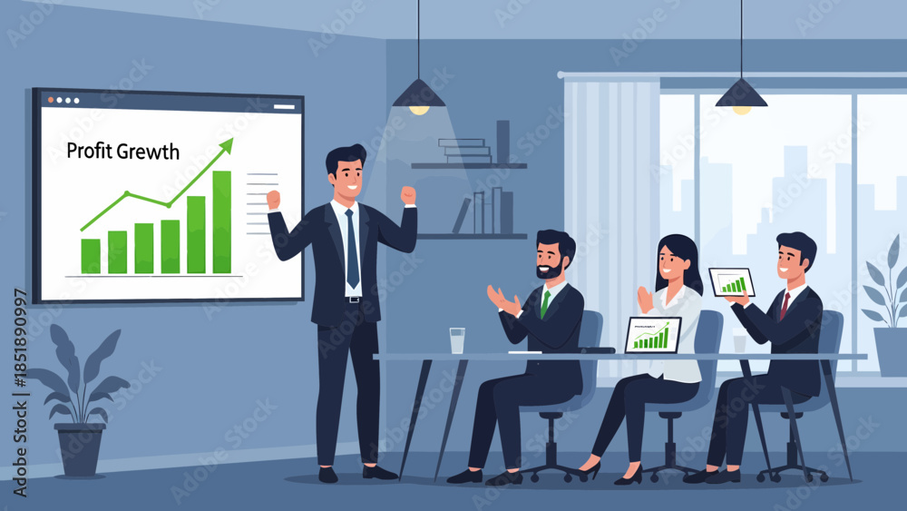 Fototapeta premium Businessman presenting profit growth chart to colleagues.