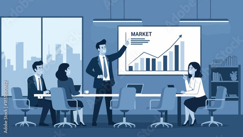 Businessman presenting market data to colleagues.