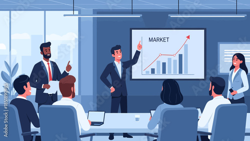 Businessman presenting market growth graph to colleagues.