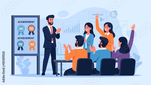 Businessman presenting to enthusiastic audience members.