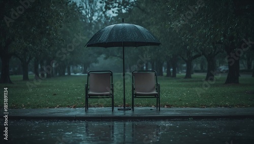 An atmospheric scene of two empty chairs sheltered by an umbrella on a rainy day