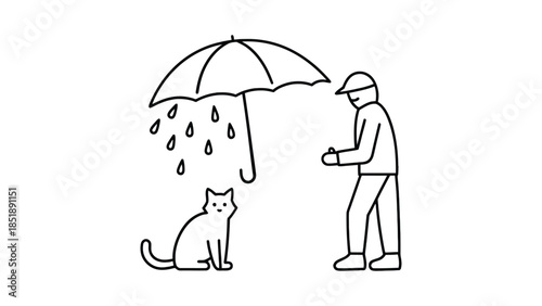 Man shelters cat with umbrella on rainy day
