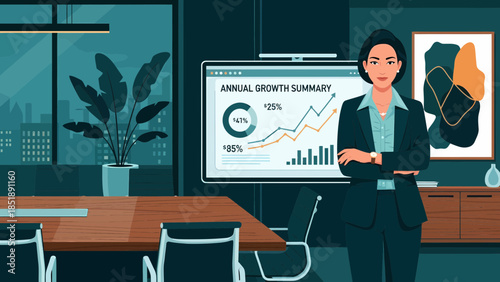 Businesswoman presenting annual growth summary graph.