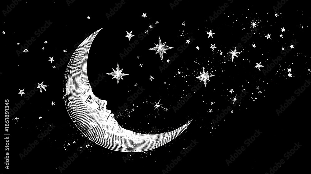 Naklejka premium Minimalist celestial print moon and stars on black background nature graphic