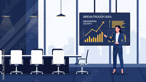 Businesswoman presenting data on large screen.