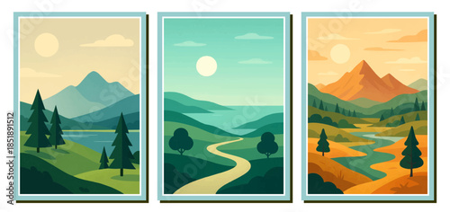 Minimalist nature landscape banners with mountains, lakes, and pine forests. Flat vector illustration set in vertical format, perfect for travel posters and mobile wallpapers