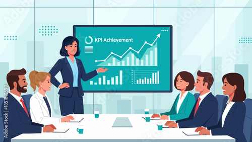 Businesswoman presenting data to colleagues in meeting.