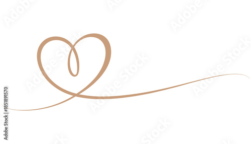 Single flowing line heart shape with a long trailing curve in beige on white love romance symbol