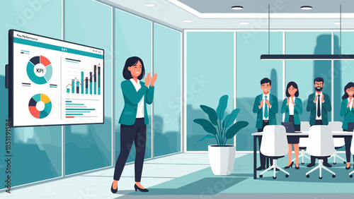 Businesswoman presenting data to colleagues in office 1.