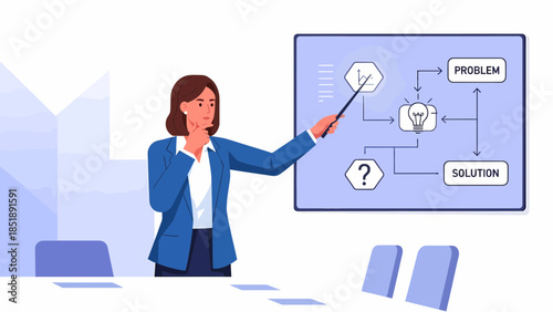 Businesswoman presenting problem solving process diagram.