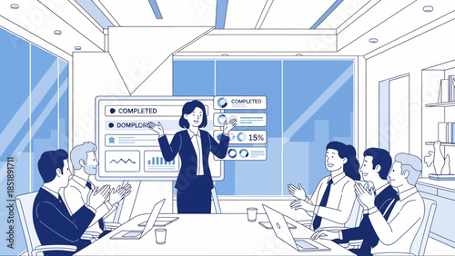 Businesswoman presenting to colleagues in meeting room 3.