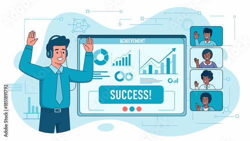 Man in headset with business success graph.