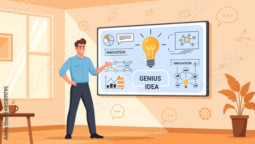 Man Presenting Genius Idea on Screen.