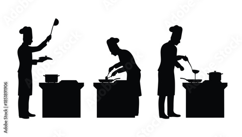 Silhouettes of chefs cooking in a professional kitchen setting