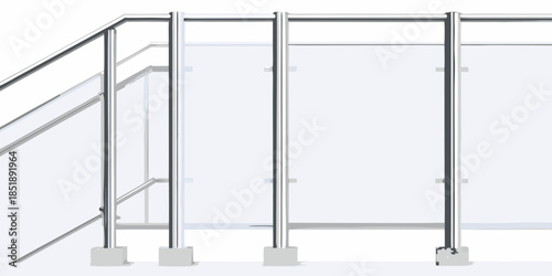 Modern staircase railing with glass panels and stainless steel supports