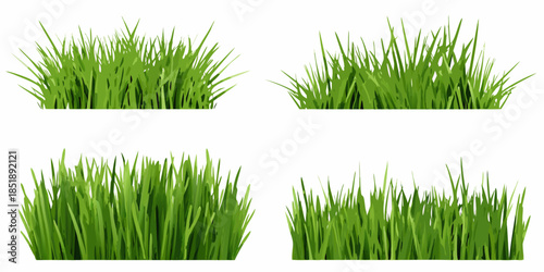 Four patches of vibrant green grass isolated on a white background