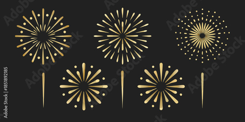 Golden firework bursts and sparkles arranged on a dark background