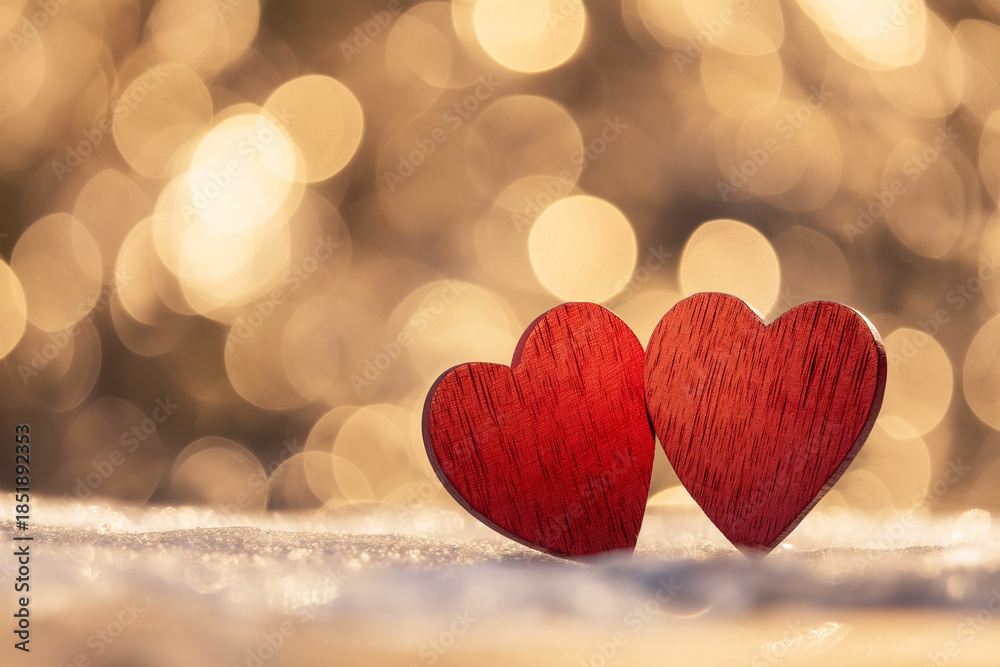 Fototapeta premium Symbol of love with red hearts and warm light bokeh