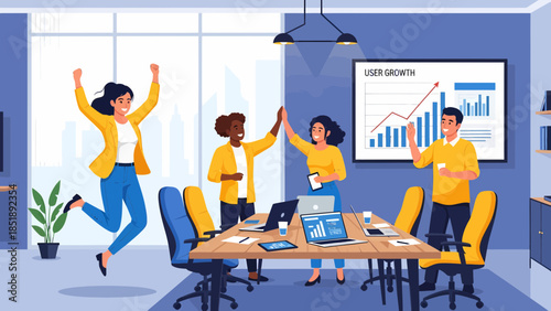 Team Celebrating Success in Modern Office.