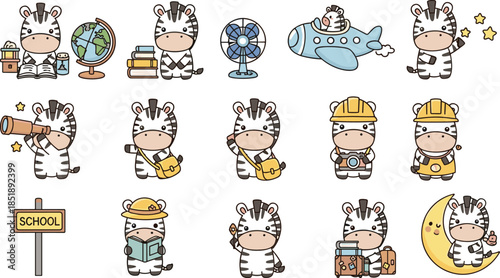 Zebra cartoon character, education theme, cute animal, school props, book reading, telescope, construction, moon sleep, flat vector illustration