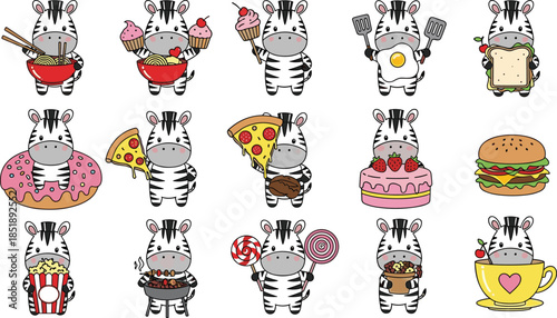 Cartoon zebras with food, cute animal illustration, playful vector art, zebra eating pizza, donut, cake, popcorn, flat vector illustration
