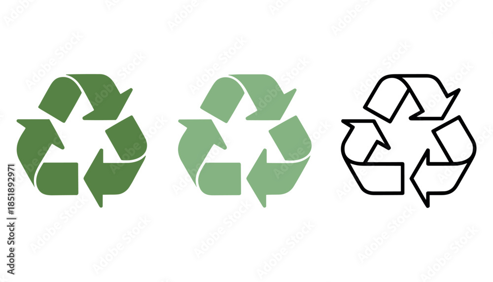 Obraz premium Three recycling symbols in different shades of green and outline on white background recycle green light green