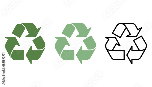 Three recycling symbols in different shades of green and outline on white background recycle green light green