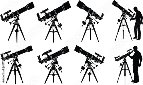 Astronomer using telescope silhouettes collection isolated on white background astronomy observation science equipment stargazing illustration research design