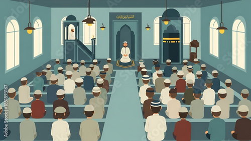Flat design semi-detailed illustration of Muslims performing tarawih prayer together in a mosque during Ramadan.