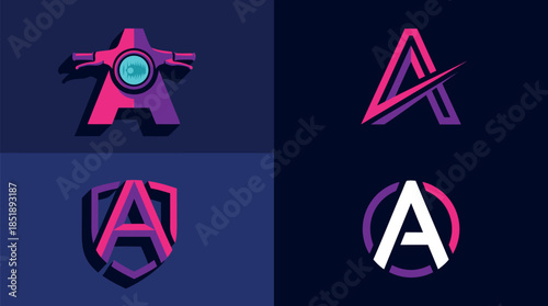 Stylized representations of letters, mountains, a compass, and abstract shapes.