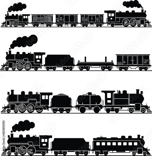 Black steam train silhouettes collection isolated on white background vintage railway transportation illustration classic locomotive freight passenger design
