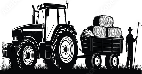 Farmer with tractor and hay wagon silhouettes isolated on white background agriculture farming rural harvest illustration countryside equipment design