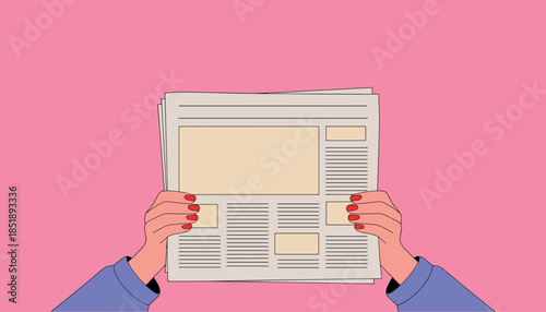 Two hands with red fingernails holding a stack of newspapers with beige pages and black text lines against a pink background